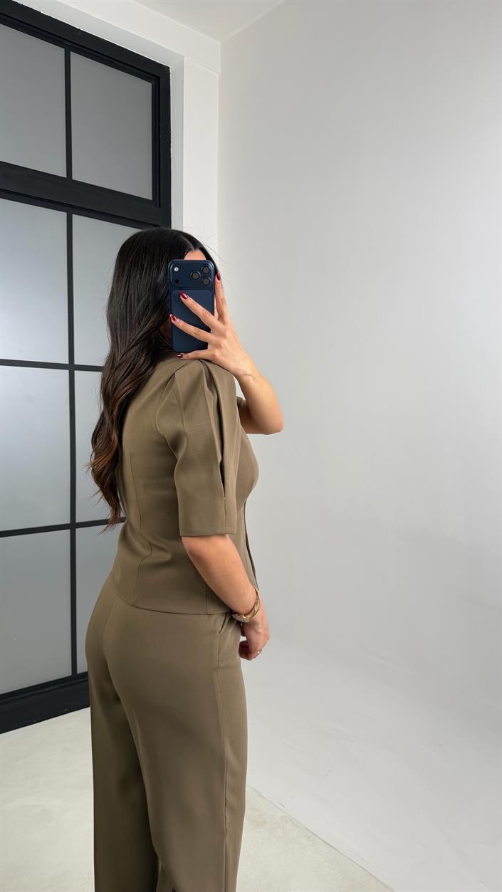 Haki Gold Düğmeli Balon Kol Ceket Beli Lastikli Pantolon Kumaş Takım GAUS-00748