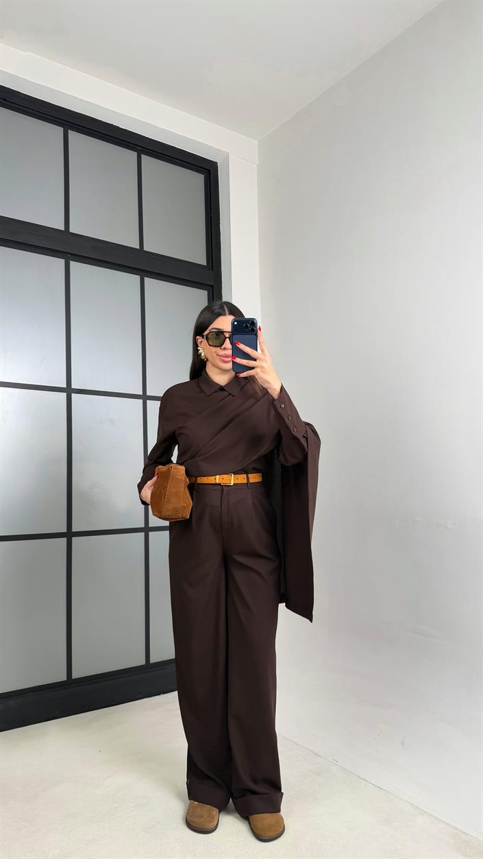 Acı Kahve Manşet Kol Yakası Şallı Gömlek Pantolon Muadil Takım GAUS-01053