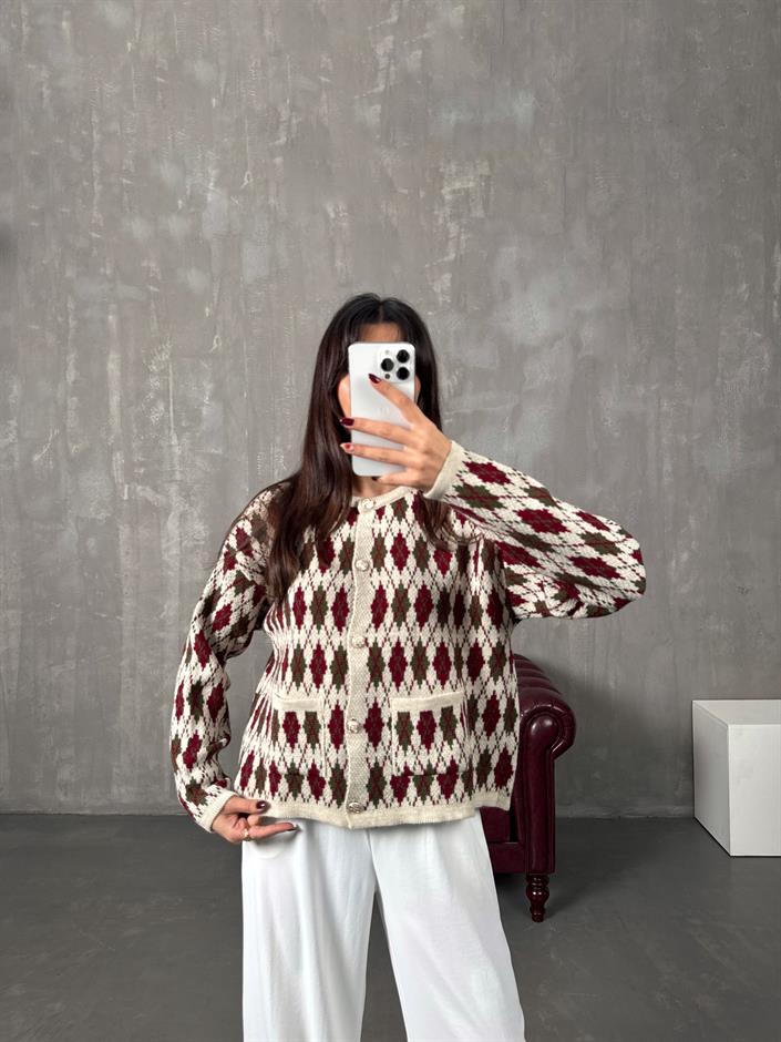 Garcia Krem Bordo Baklava Desenli Hırka