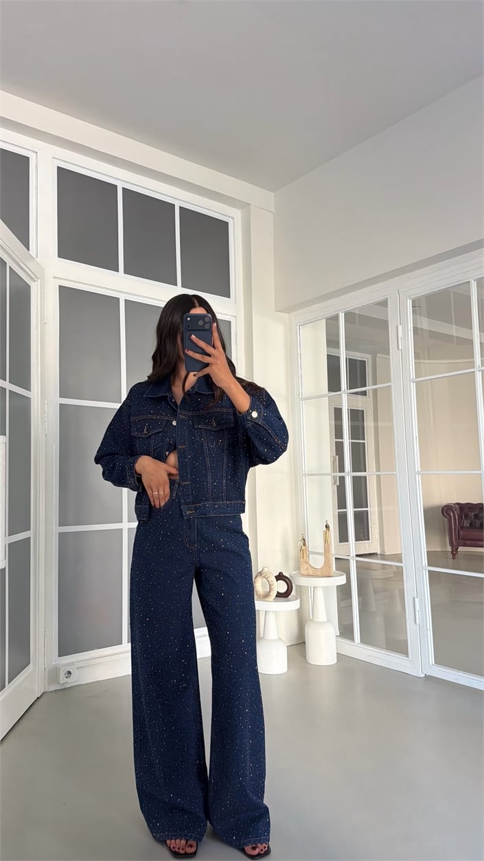 Lacivert Premium Taşlı Denim İkili Takım GAUS-01953