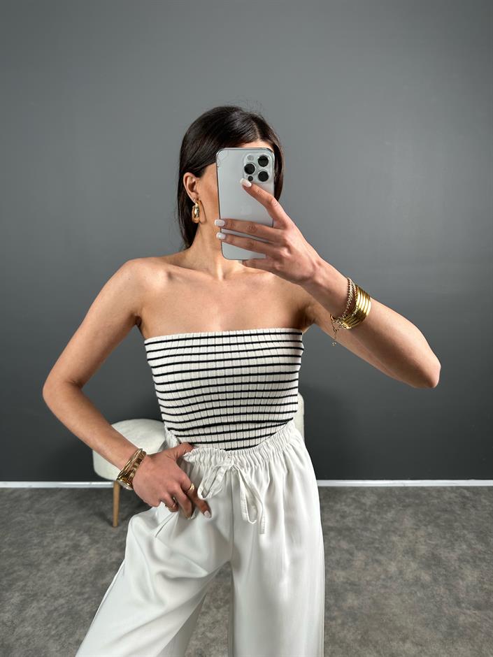 Çizgili Triko Crop Straplez 