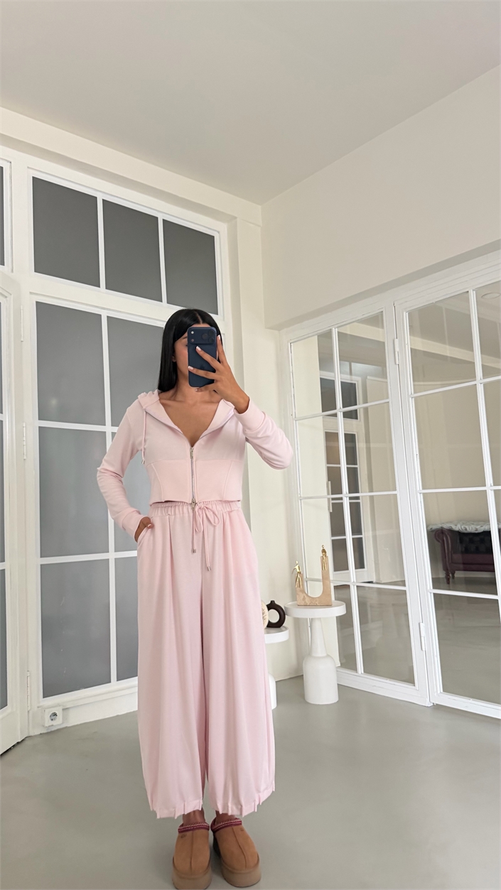 Pembe Kapüşonlu Hırka Beli Lastikli Geniş Paça Pantolon İkili OYS Modal Kumaş Takım GAUS-02152