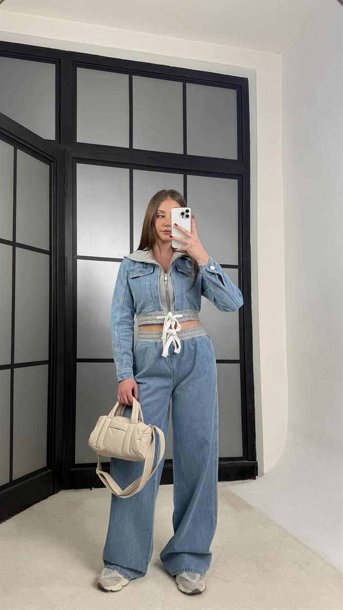 Mavi Kapüşonlu Hırka Beli Lastikli Pantolon İkili Denim Takım GAUS-01272