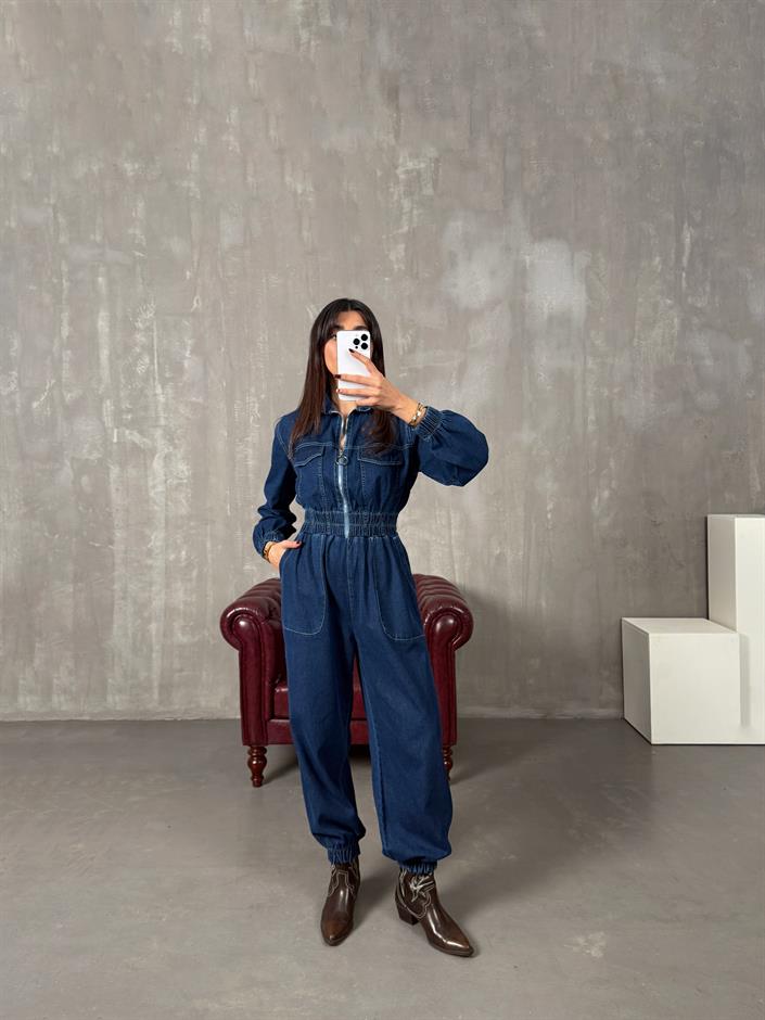 Setre Mavi Önden Fermuarlı Denim Tulum