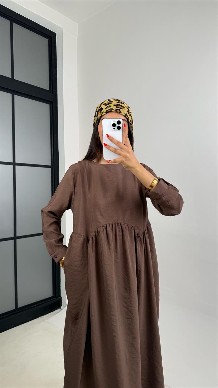 Kahve Altı Balon Uzun Kol Cep Detaylı Tencel Pinterest Elbise GAUS-0025