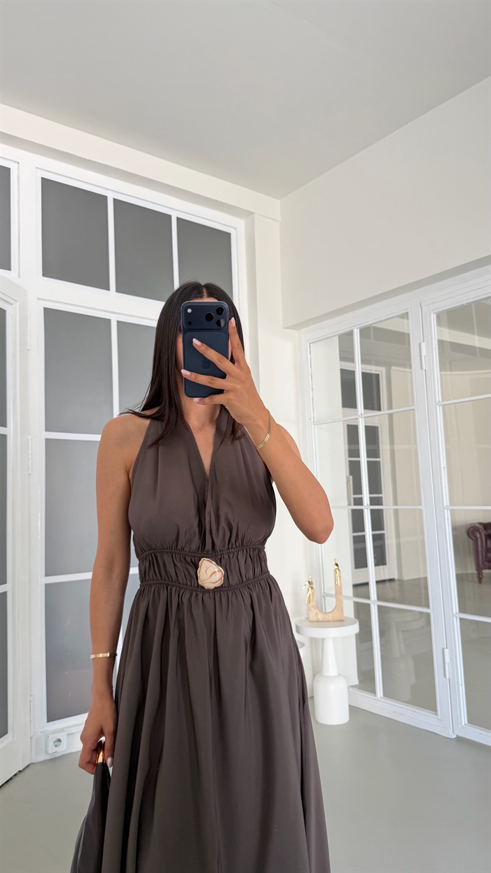 Kahve Boyundan Bağlamalı Beli Lastikli Toka Detaylı Cepli Tencel Elbise GAUS-01798