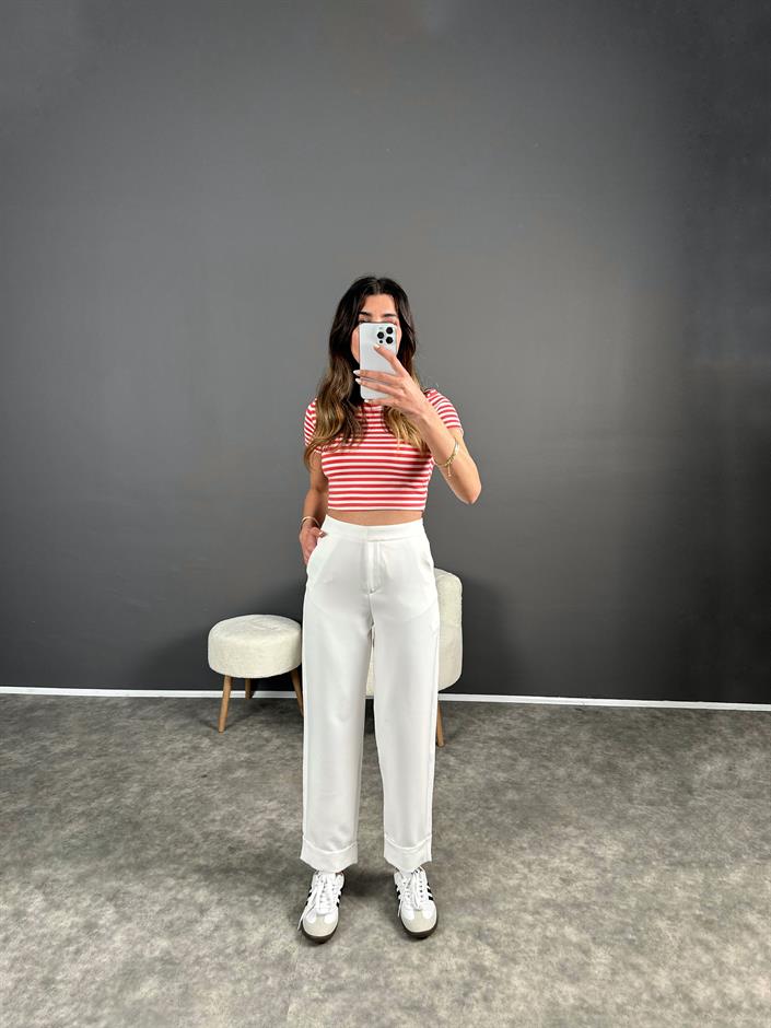 Venüs Beyaz Paça Katlamalı  Pantolon 