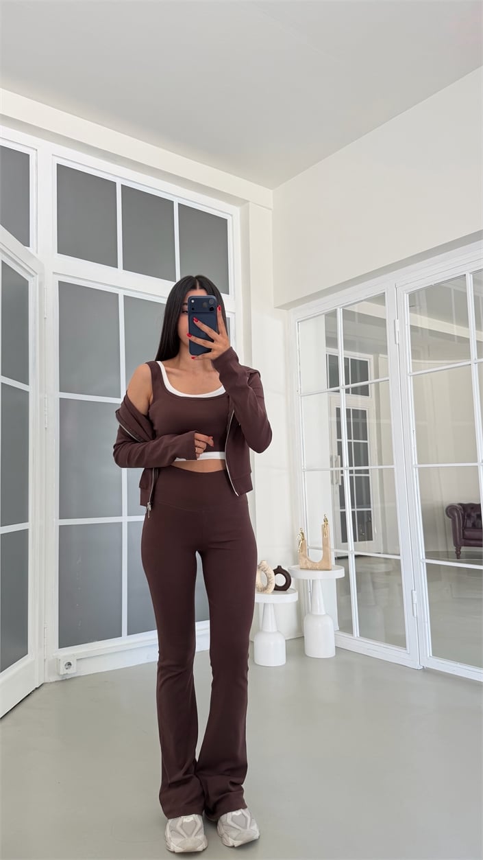 Kahve Hırka Crop Beli Lastikli Pantolon 3lü Basic Takım GAUS-01889