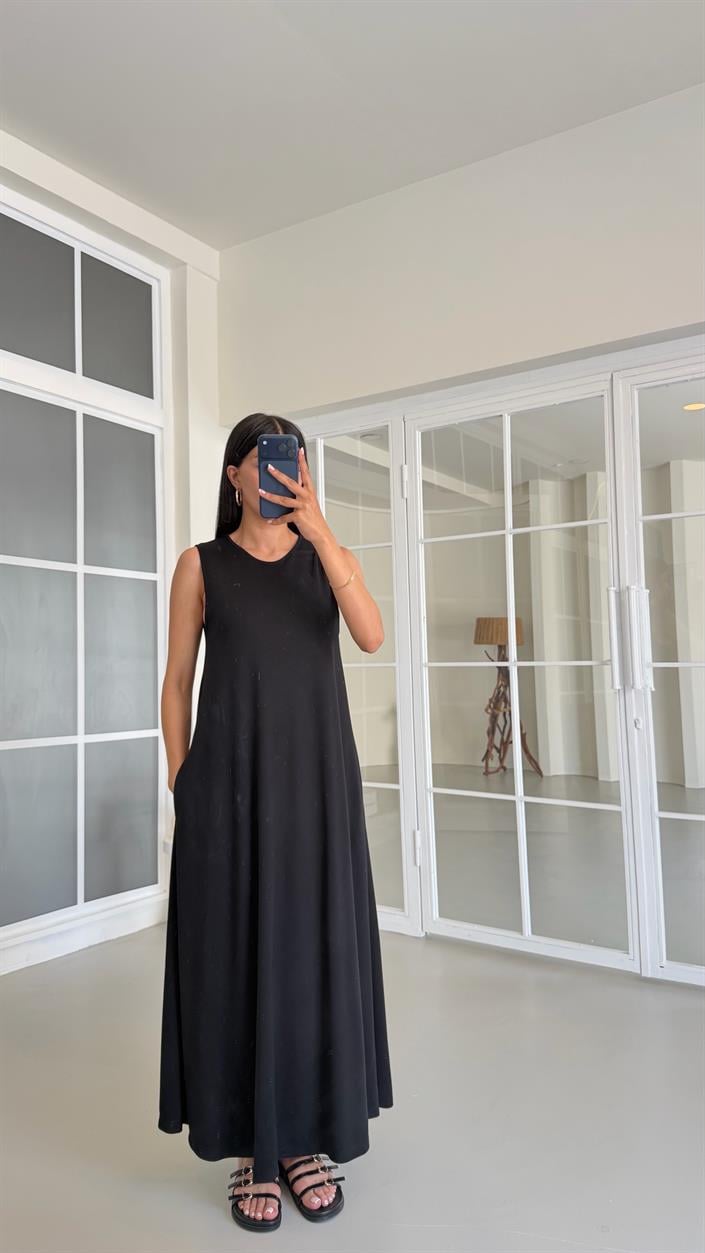 Siyah Sıfır Kol Basic Modal Elbise GAUS-01522