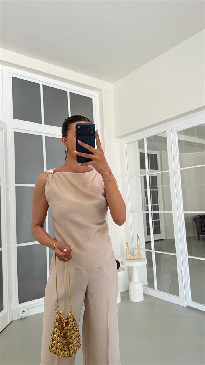 Taş Gold Toka Detaylı Bluz Pantolon İkili Tencel Takım GAUS-01825