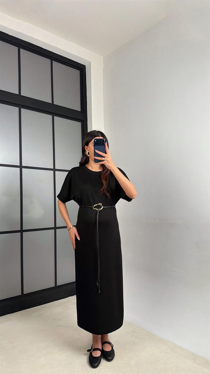 Siyah Kemerli Modal Kumaş Basic Elbise GAUS-01161