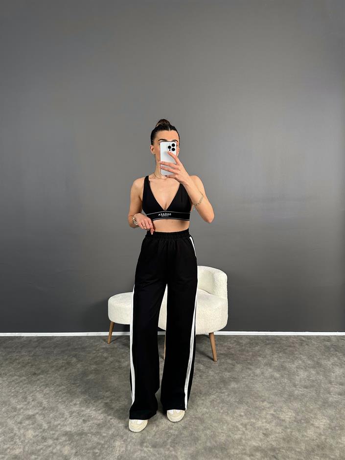 Siyah İki İplik Çelik  Şeritli Beli Lastikli Pantolon 