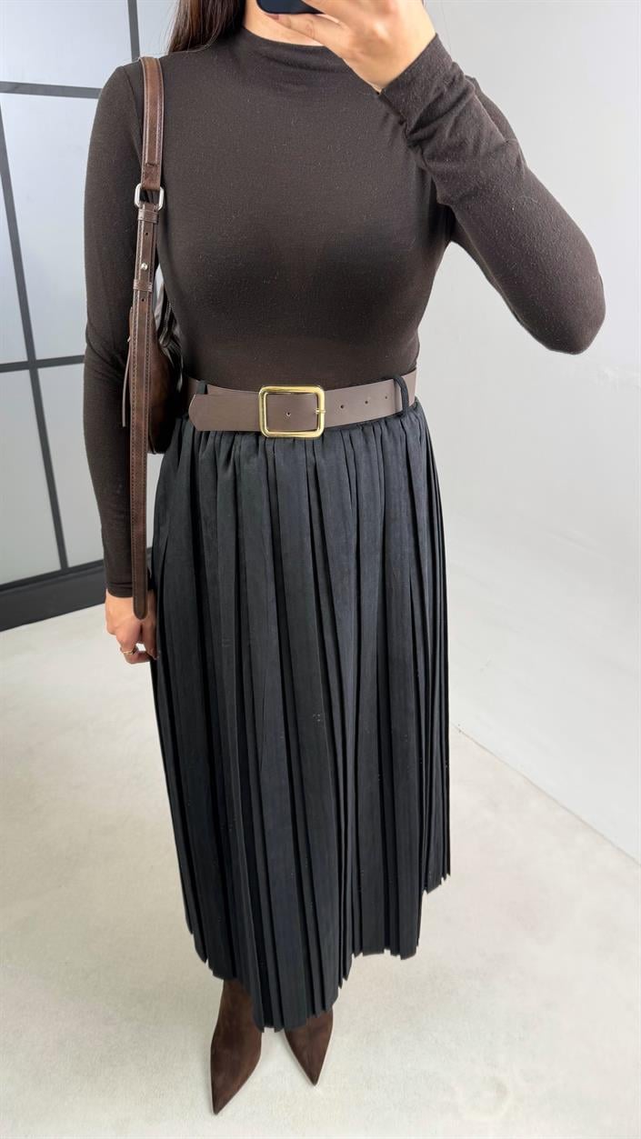 Siyah Astarlı Kemerli Süet Etek GAUS-01080