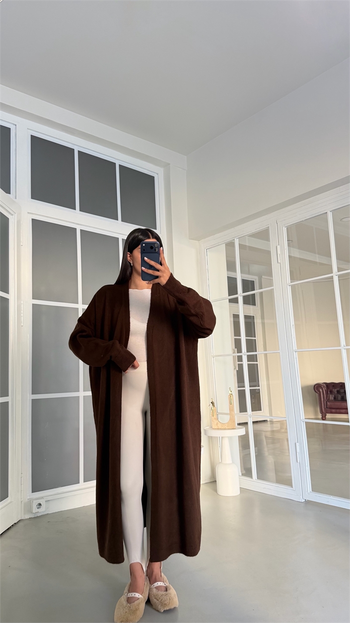 Kahve Uzun Premium Triko Hırka GAUS-02125