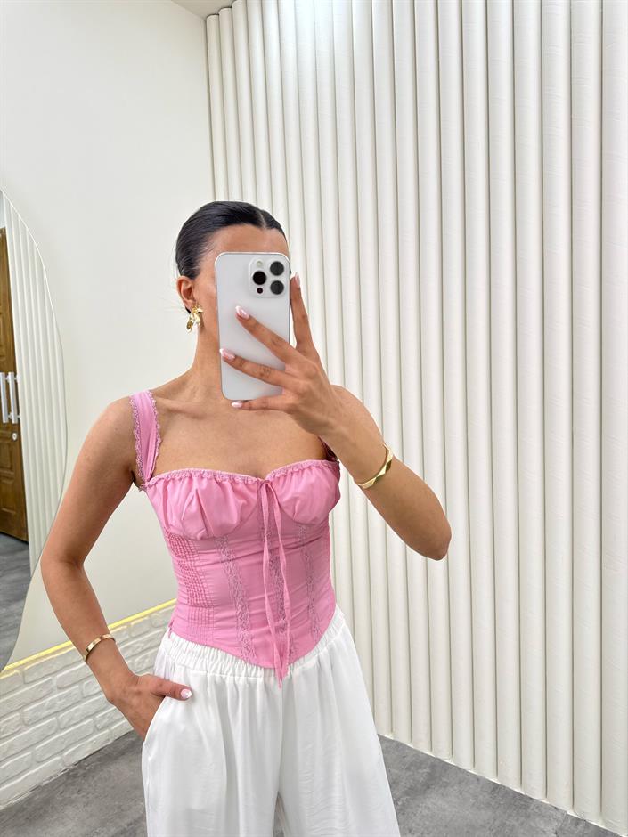 Pembe Askılı Arkası Lastikli Dantelli Bustiyer Crop Gaus00286