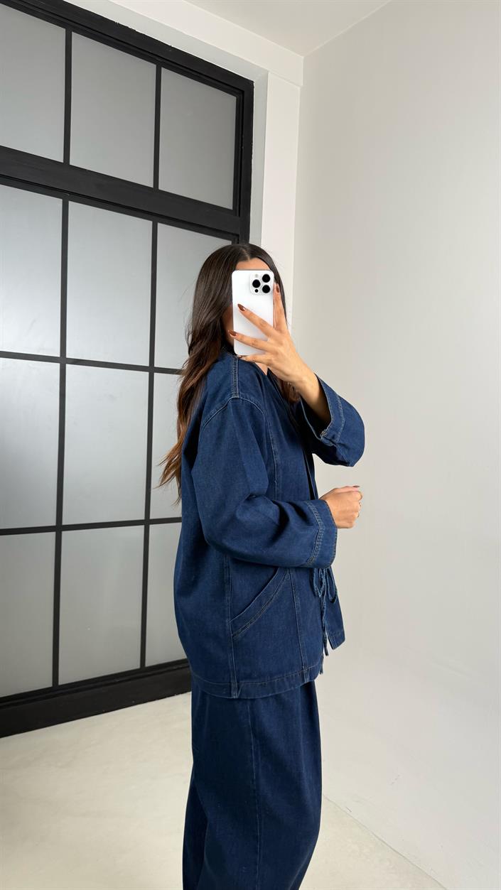 Lacivert Yandan Bağlama Detaylı Cepli Ceket Pantolon İkili Denim Takım GAUS-00446