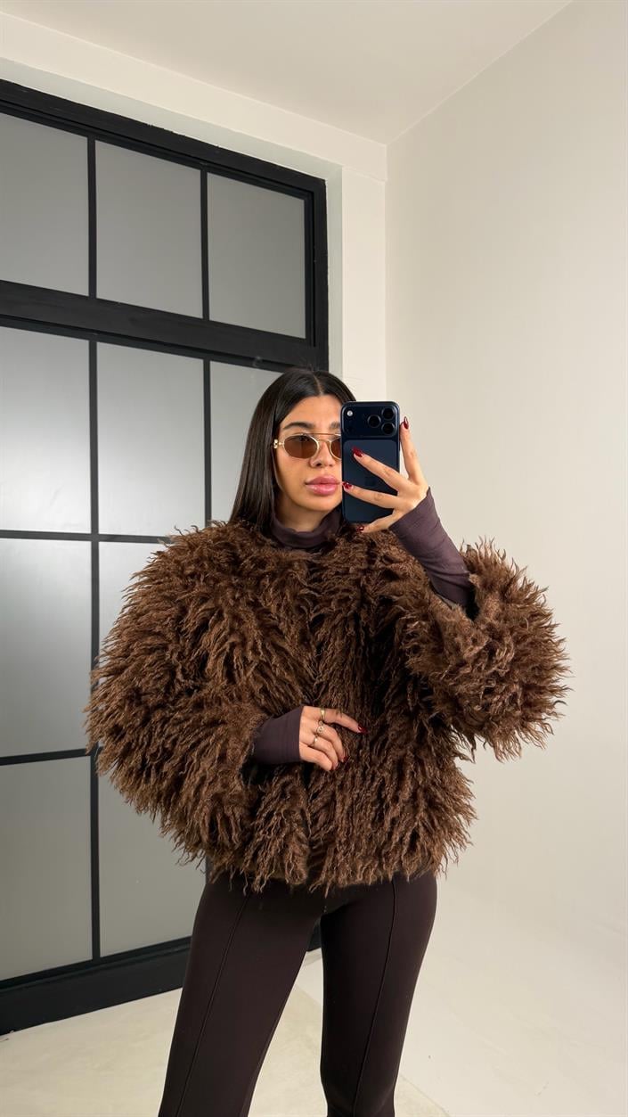 Kahve Saçaklı Astarlı Kürk GAUS-00750