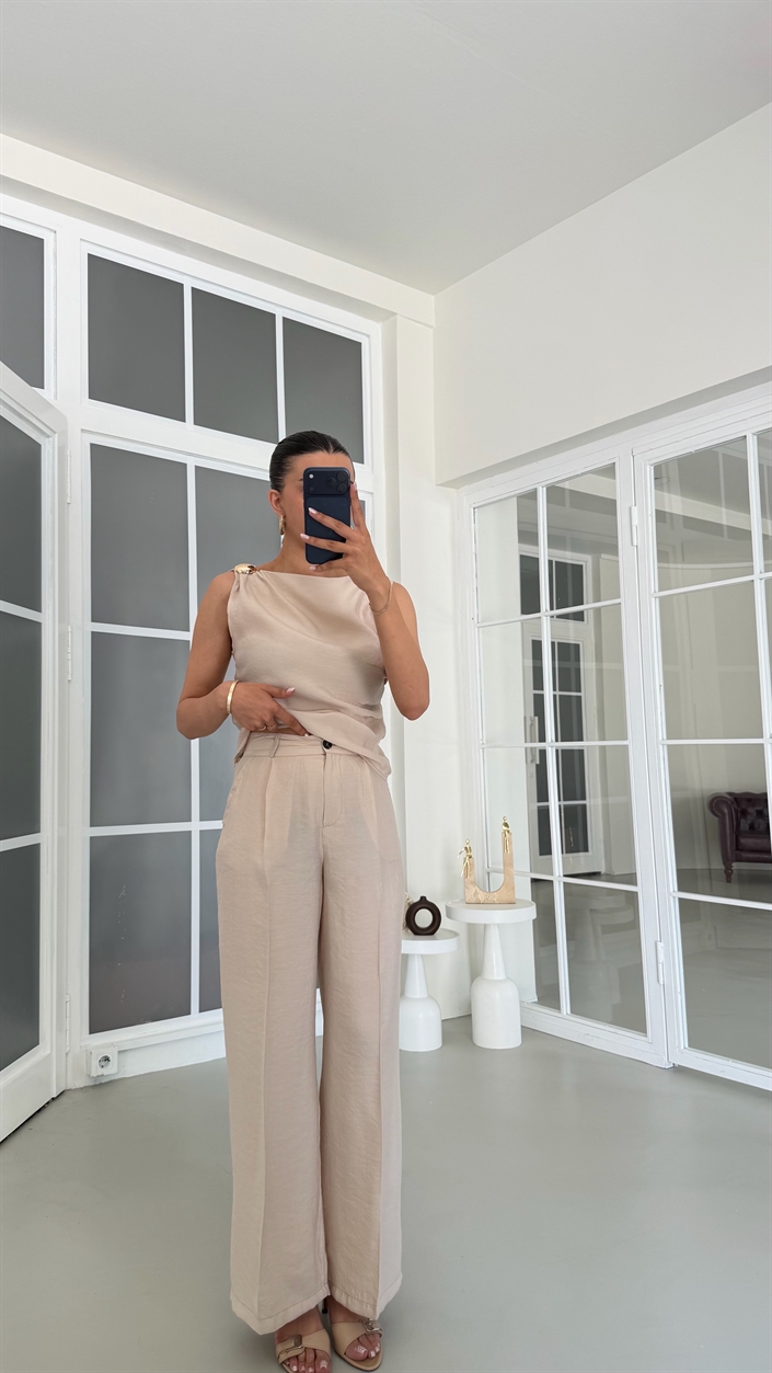 Taş Gold Toka Detaylı Bluz Pantolon İkili Tencel Takım GAUS-01825