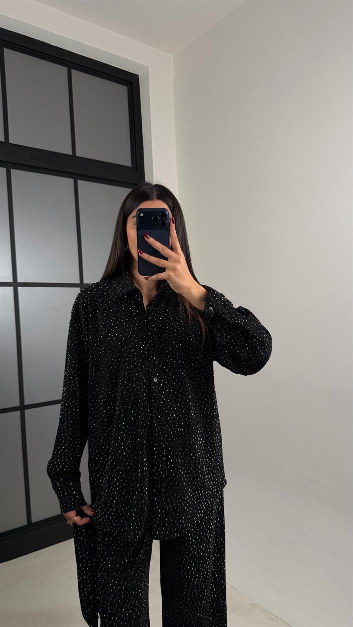 Siyah Taş Detaylı Kuşaklı Ceket Pantolon İkili Tasarım Takım GAUS-00764