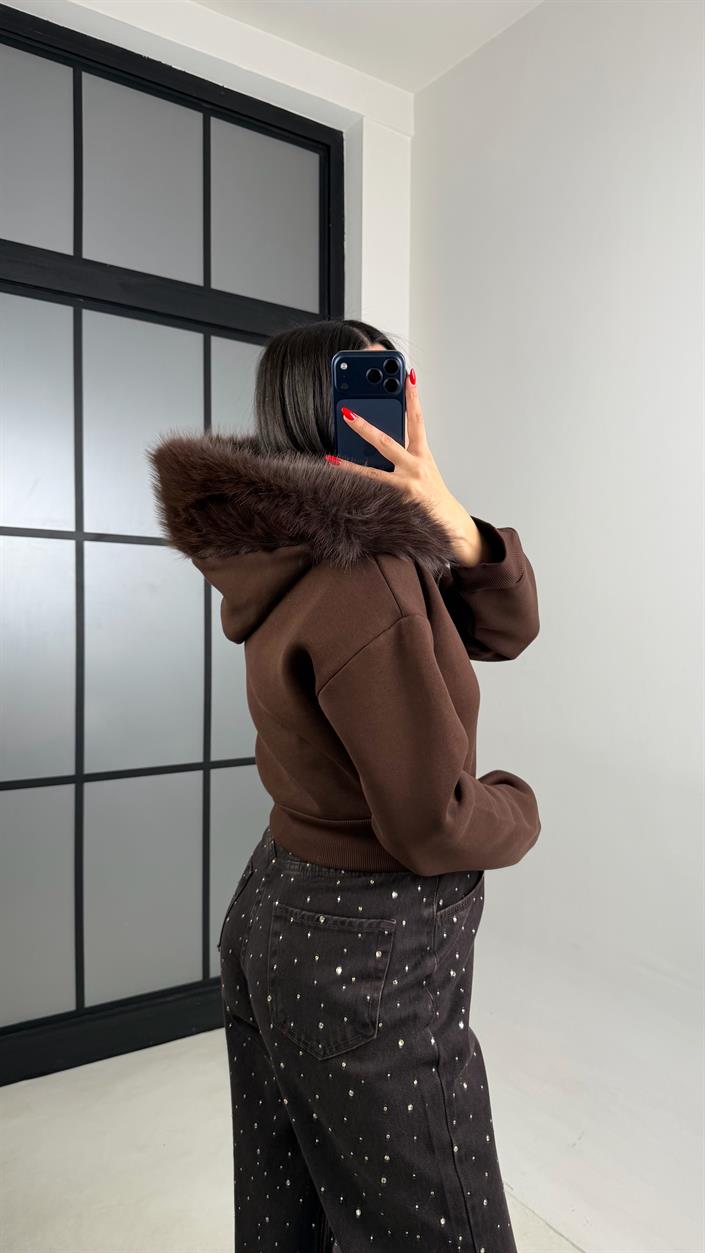 Kahve Kürk Yakalı Şardonlu Premium Sweatshirt GAUS-00959