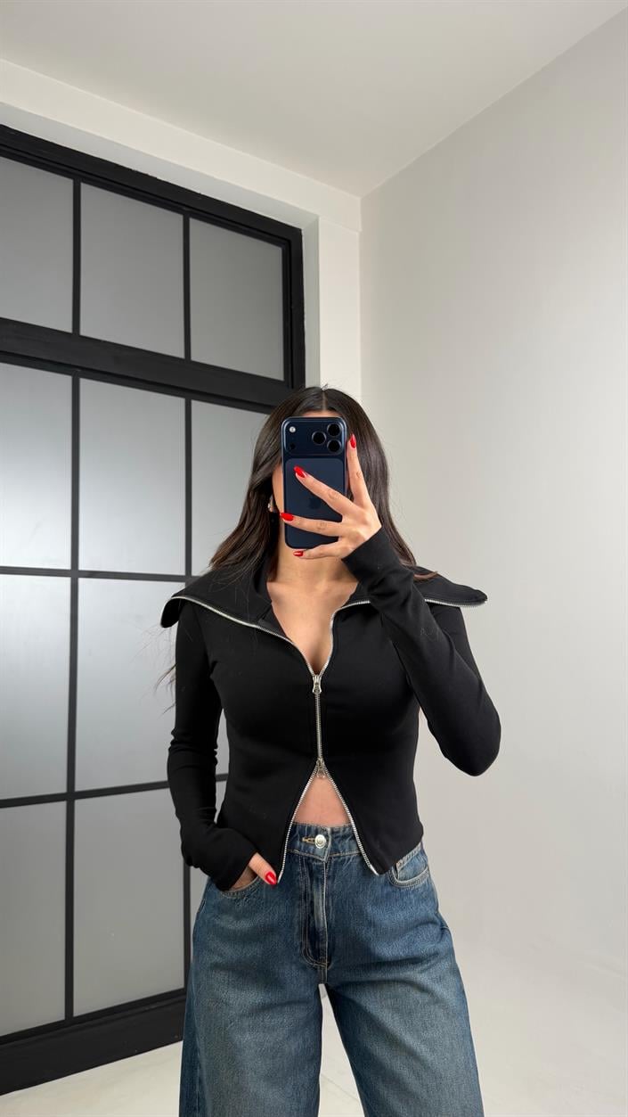 Siyah Çift Fermuarlı Bluz GAUS-00939