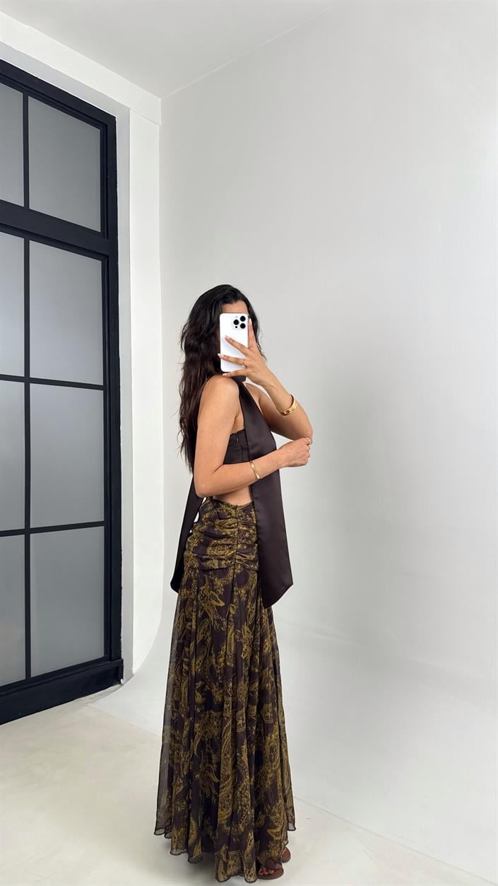 Kahve Gold Desenli Drape Detaylı Astarlı Tasarım Etek Gaus00634