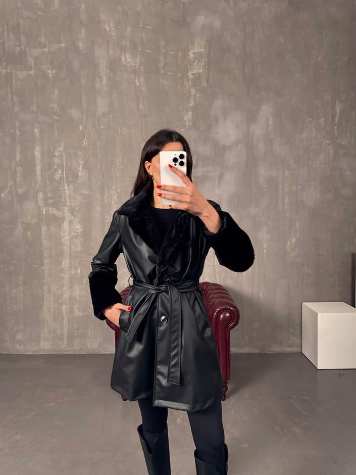 Disce Siyah Peluş Detaylı Astarlı Kuşaklı Deri Trençkot