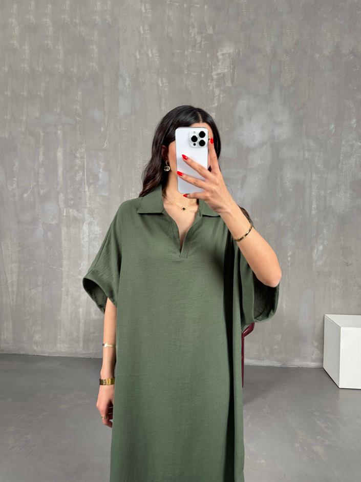 Haki V Polo Yaka Yandan Yırtmaçlı Keten Elbise Gaus00164