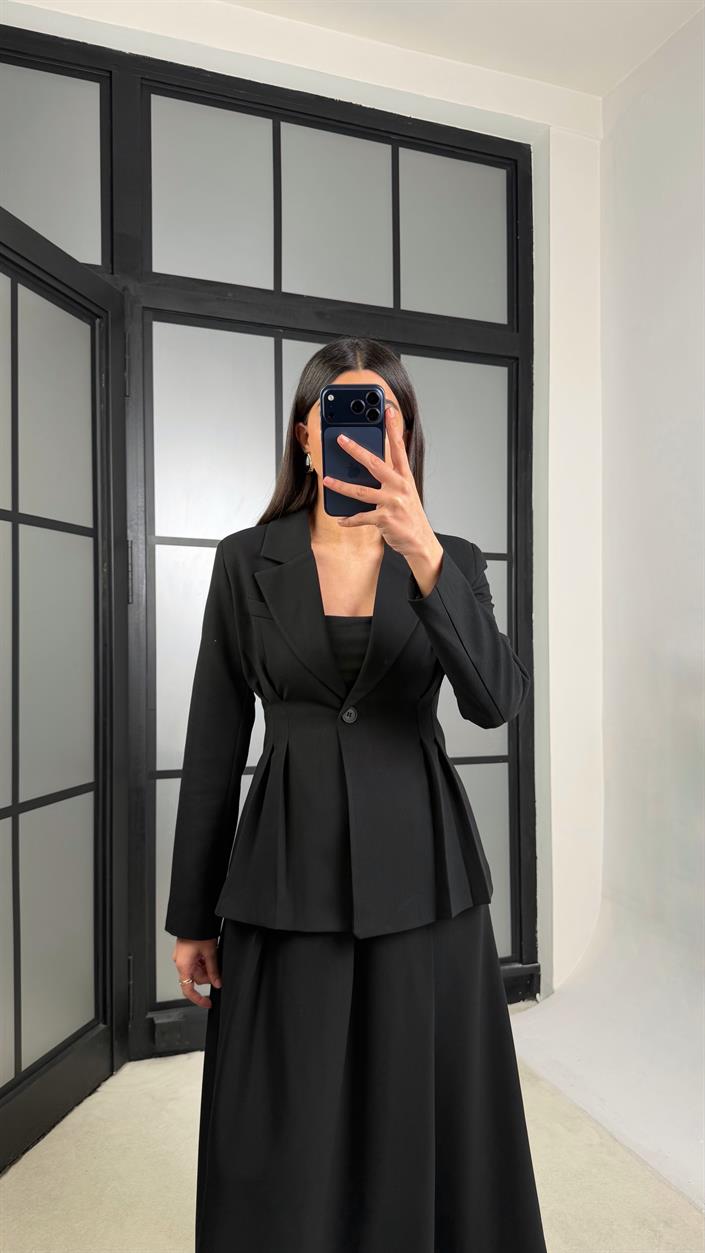 Siyah Belden Oturtmalı Astarlı Vatkalı Ceket Cepli Etek Premium Takım GAUS-01290