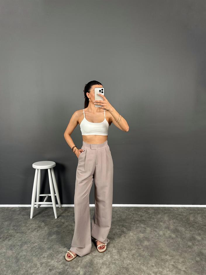 Bonum Soft Vizon Cırt Bantlı Keten Pantolon