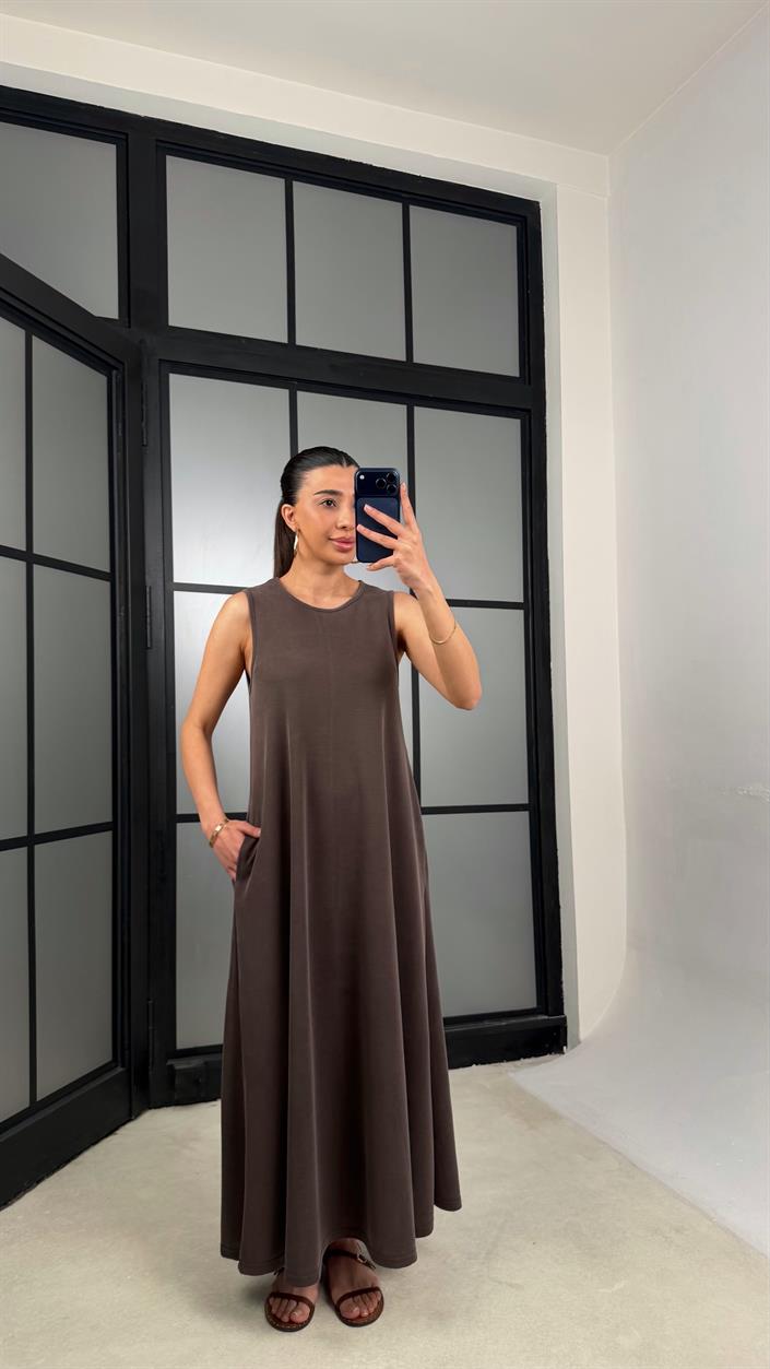 Kahve Sıfır Kol Basic Modal Kumaş Elbise GAUS-01329