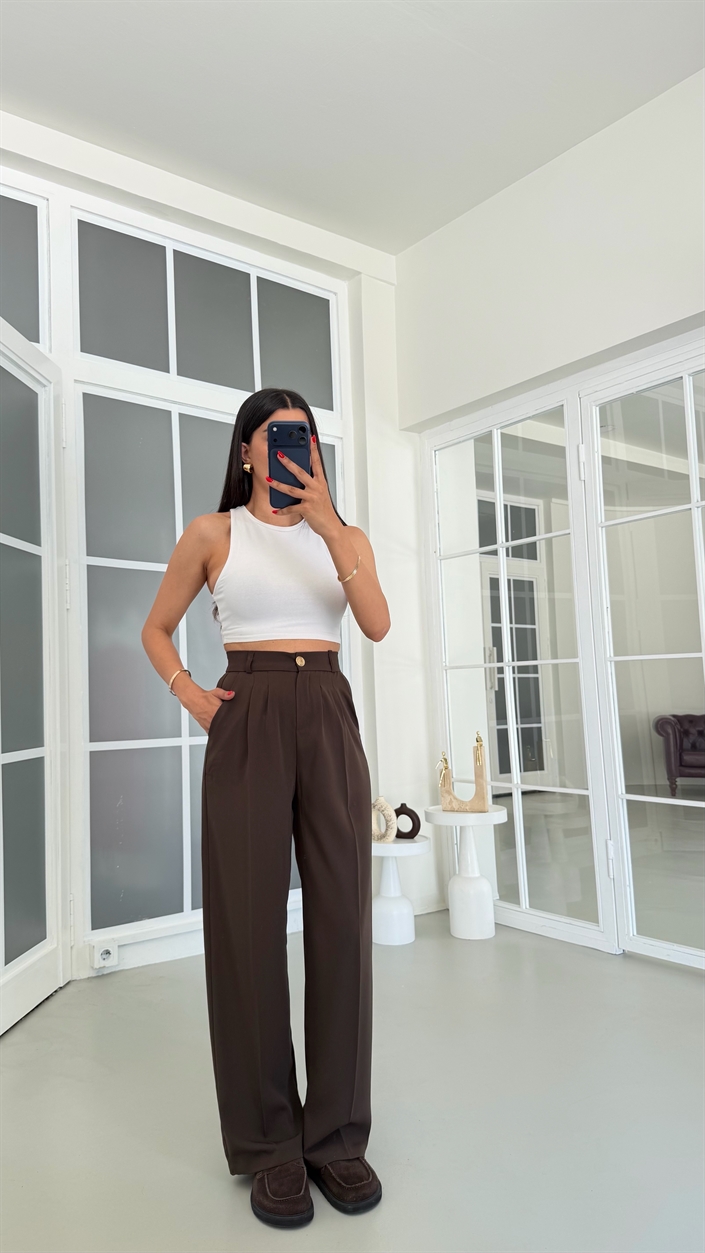 Acı Kahve Gold Düğmeli Tencel Pantolon GAUS-01844