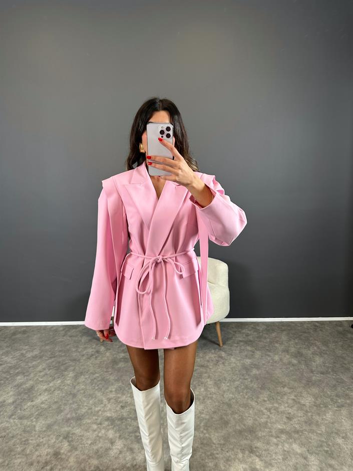 Marisol Premium Pembe Bağlamalı Astarlı Blazer Ceket