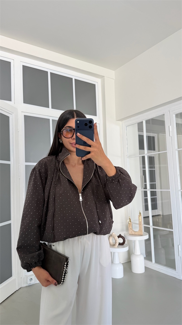 Kahve Astarlı Taşlı Tasarım Bomber Ceket GAUS-01898