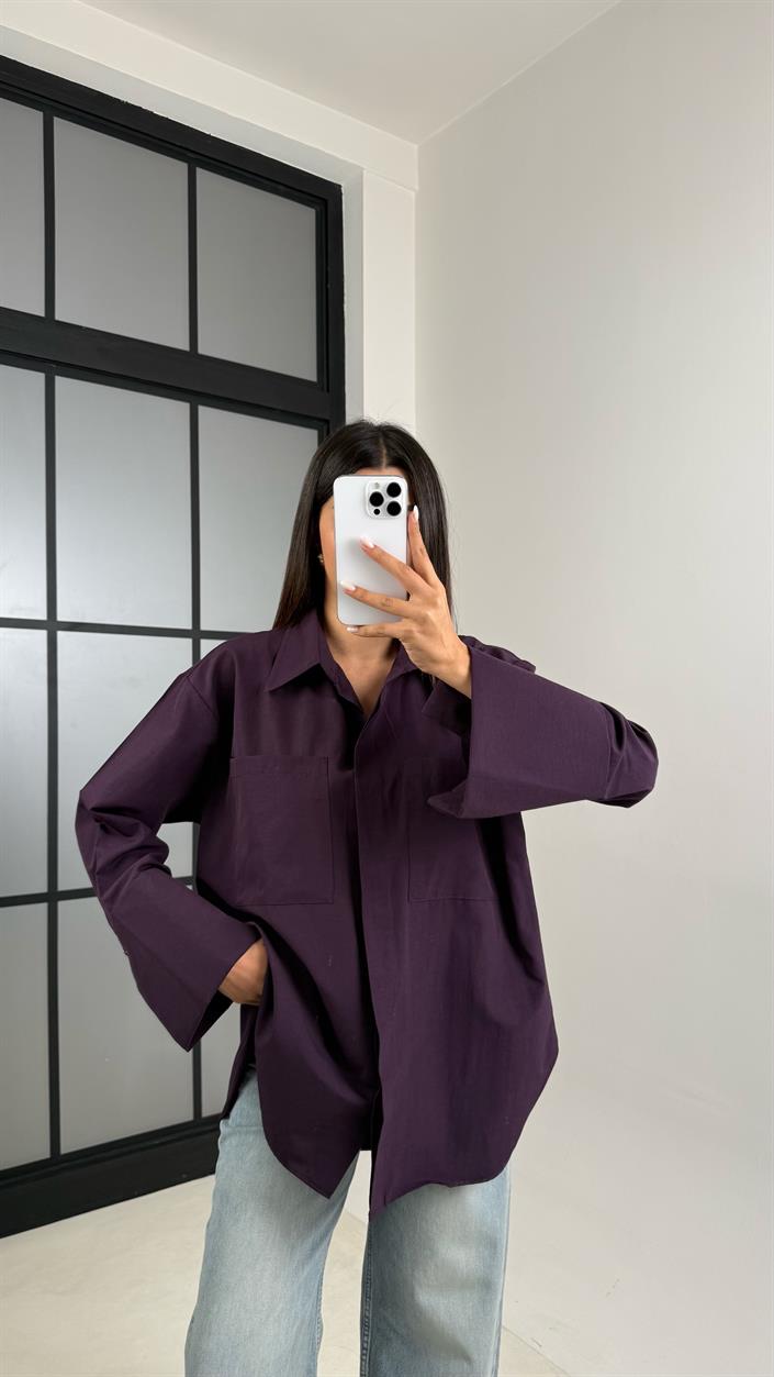 Mürdüm Gizli Düğmeli Kol Katlamalı Poplin Gömlek GAUS-00449