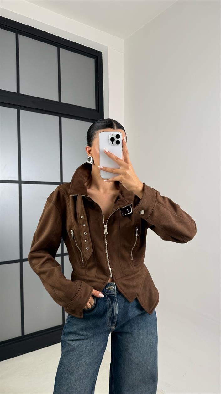 Kahve Dik Yaka Kemer Detaylı Premium Süet Ceket GAUS-00519