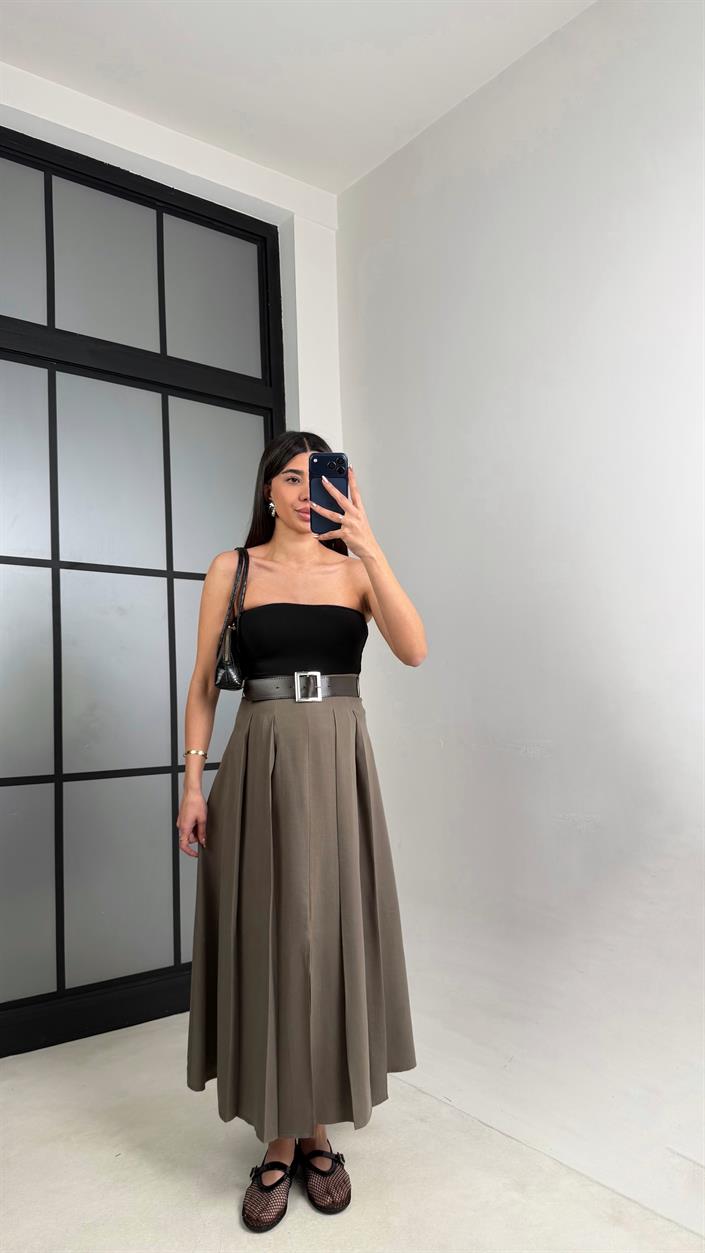 Haki Deri Kemerli Yırtmaçlı Tencel Etek GAUS-01088