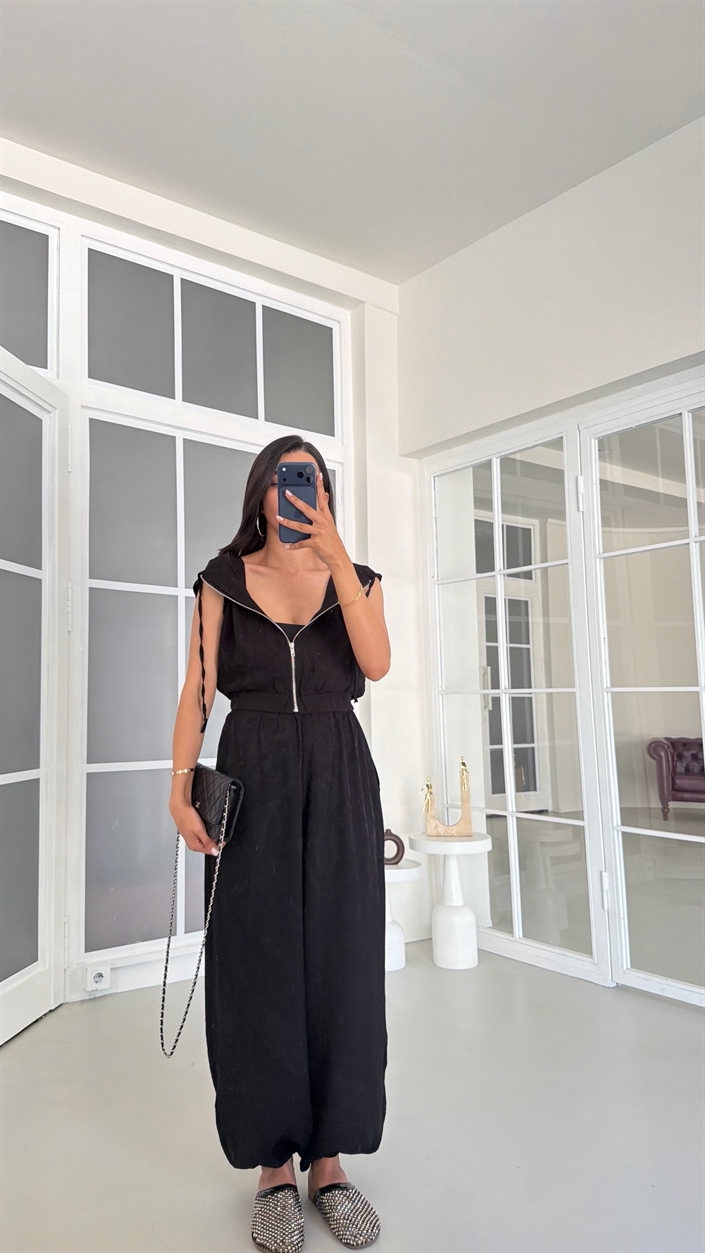 Siyah Kapüşonlu Yelek Beli Lastikli Şalvar Pantolon İkili Takım GAUS-01653