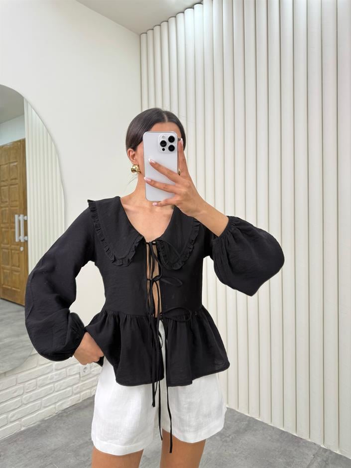 Siyah Bebe Yaka Önü Bağlamalı Bluz Gaus00334