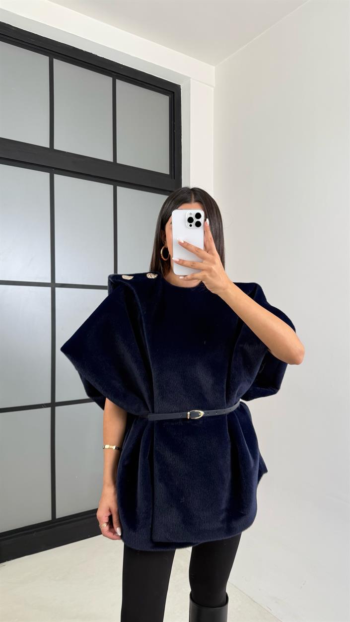 Lacivert Kemerli Tasarım Kürklü Panço GAUS-00520