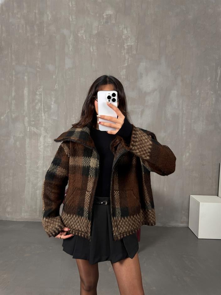 Elena Kahve Ekoseli Fermuarlı Premium Örme Hırka Ceket