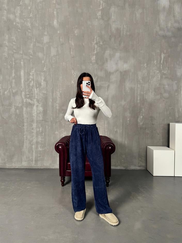 Mexa Lacivert Beli Lastikli Kadife Eşofman Altı