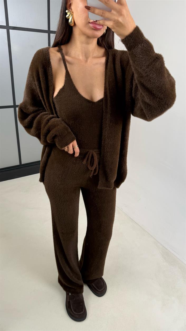 Kahve 3lü Peluş Tüylü Takım GAUS-00441