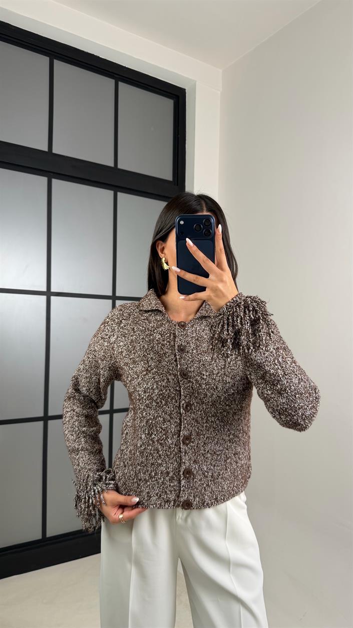 Kahve Kolu Püskül Detaylı Triko Hırka GAUS-00498