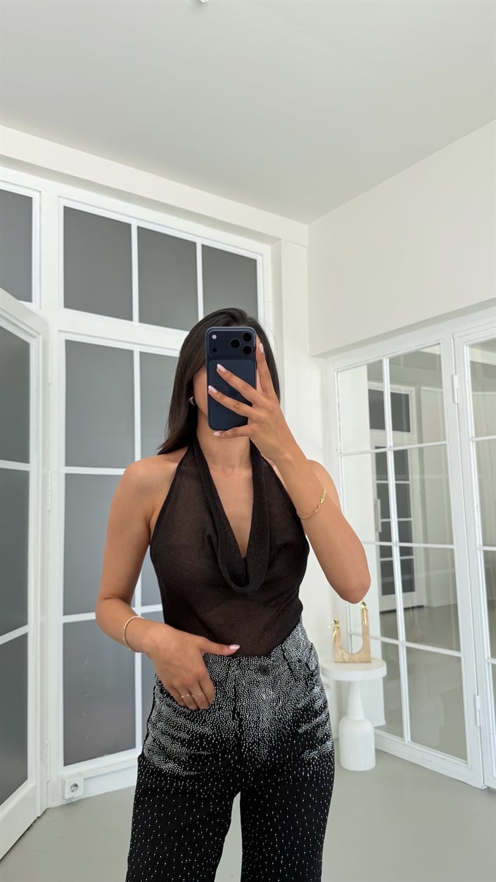 Siyah Degaje Yaka Simli Bluz GAUS-01744