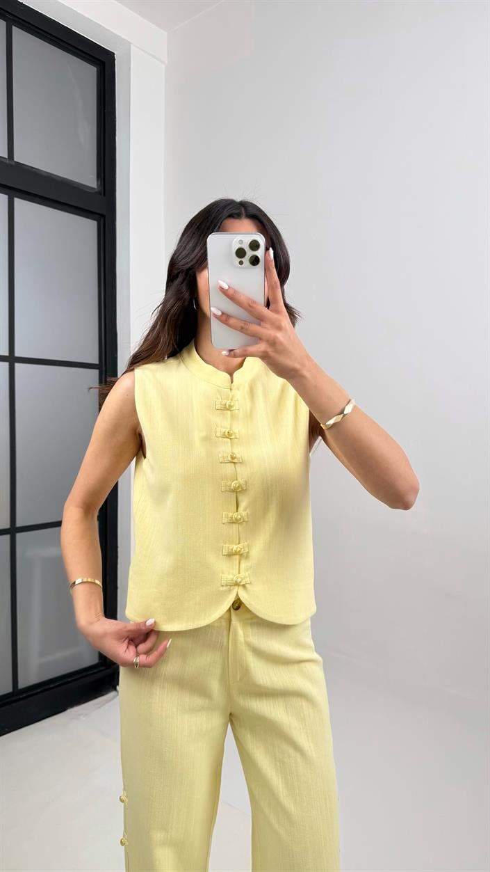 Sarı Düğmeli Tasarım Yelek Pantolon Keten Takım Gaus00339