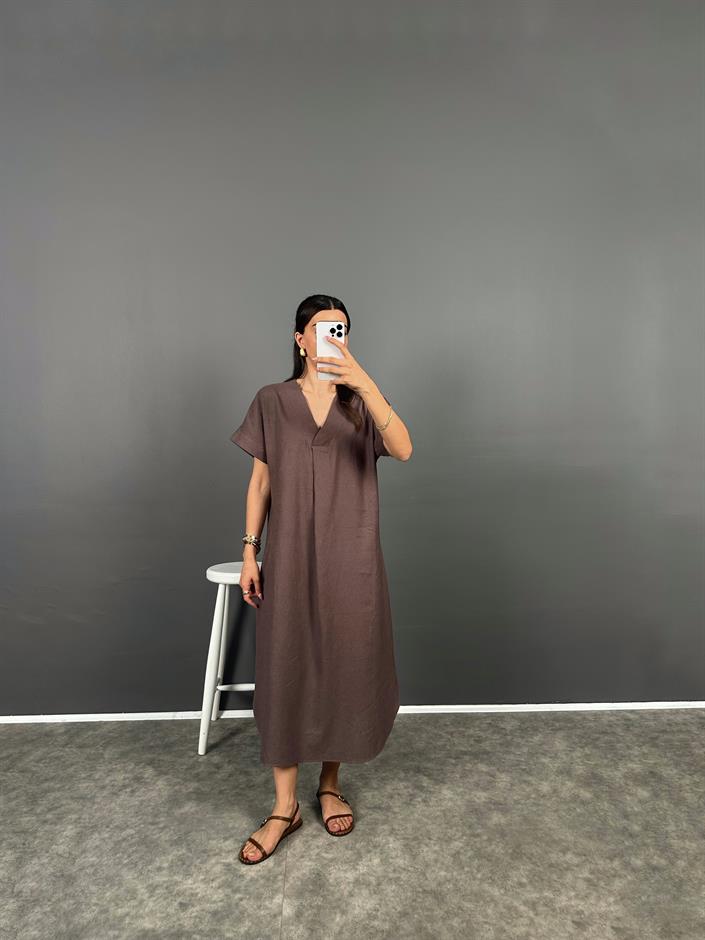 Anita Kahve V Yaka Premium Midi Keten Elbise