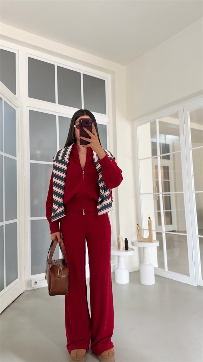 Kırmızı Çift Fermuarlı Hırka Beli Lastikli Pantolon İkili Yumuşak Kumaş Premium Takım GAUS-02303