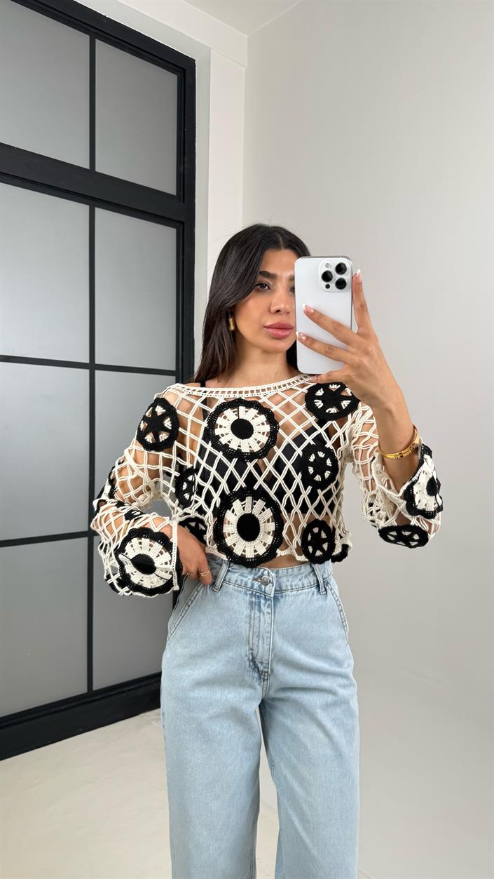 Siyah Beyaz Örme Ajurlu Triko Bluz Gaus00550