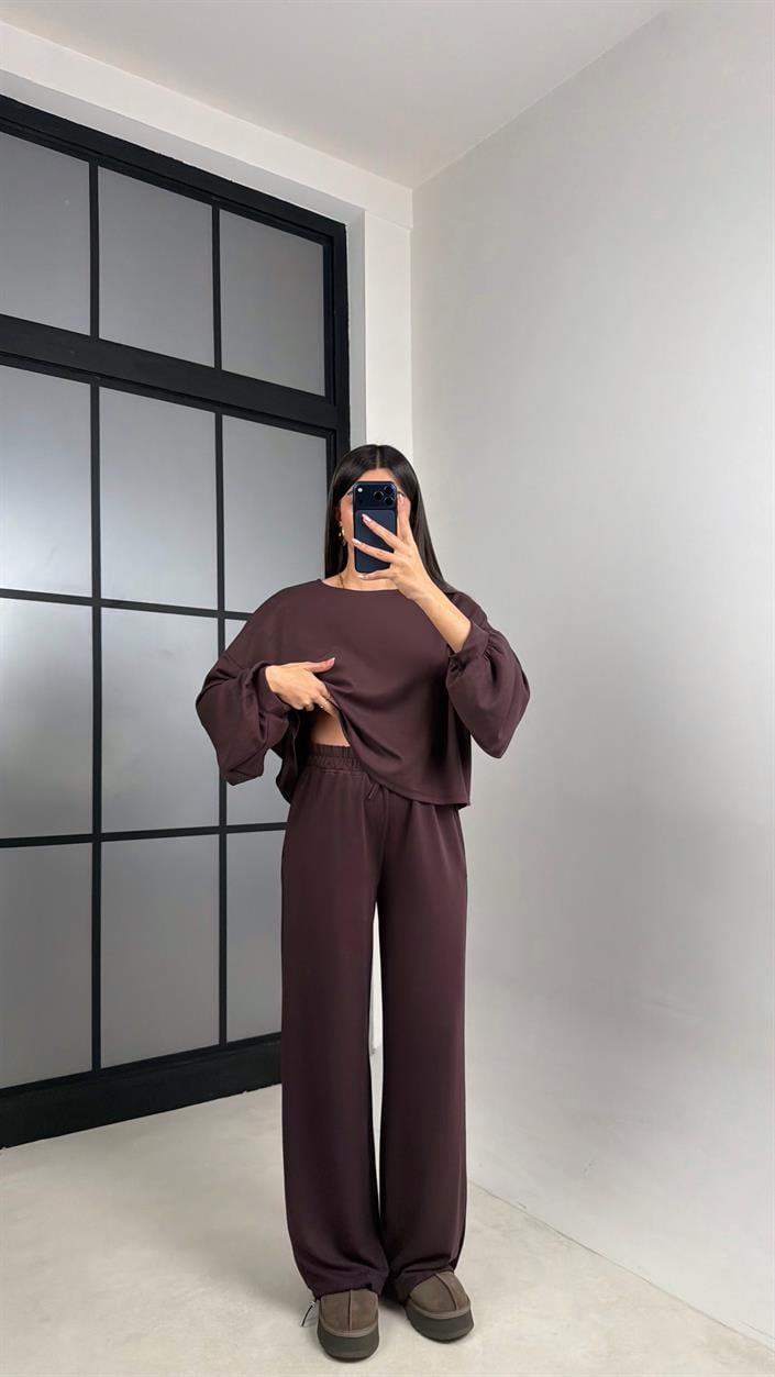 Acı Kahve Gold Tokalı Pelerin Bluz Beli Lastikli Pantolon Modal Kumaş Takım GAUS-00871